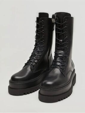 MANGO Black Lace-Up Platform Leather Boots